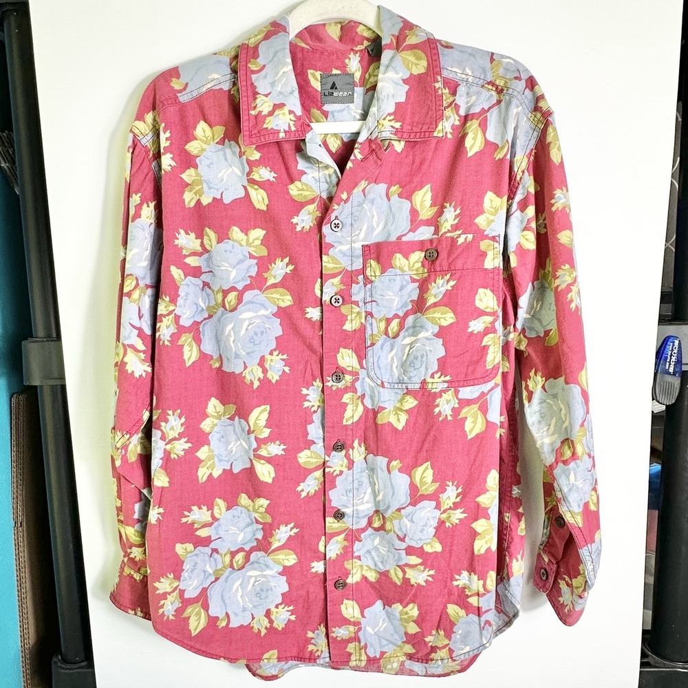Vintage Lizwear Floral Button Up Shirt Womens Sz M Red Blue Cotton 90s Oversized